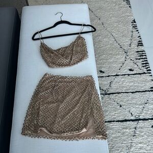 Oh Polly Tan Embellished Mini Skirt Set